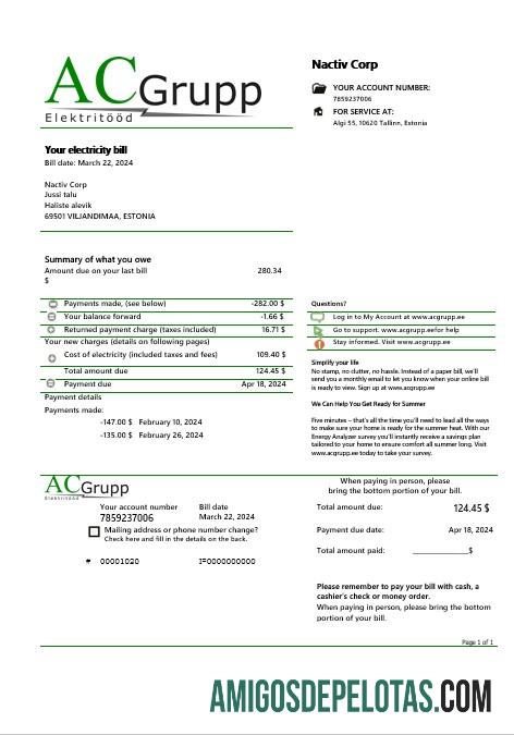 Em branco modelo de conta de serviços públicos de eletricidade da Estônia AC Grupp OÜ em formatos Word e PDF